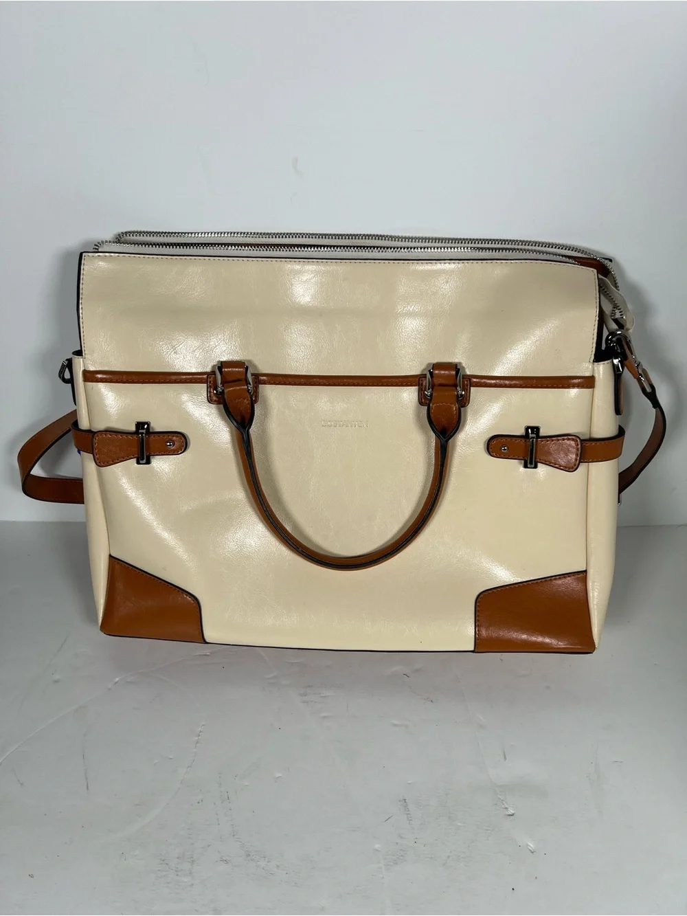 BOSTANTON Cream and Brown Two-Tone Leather Laptop Bag with Shoulder Strap